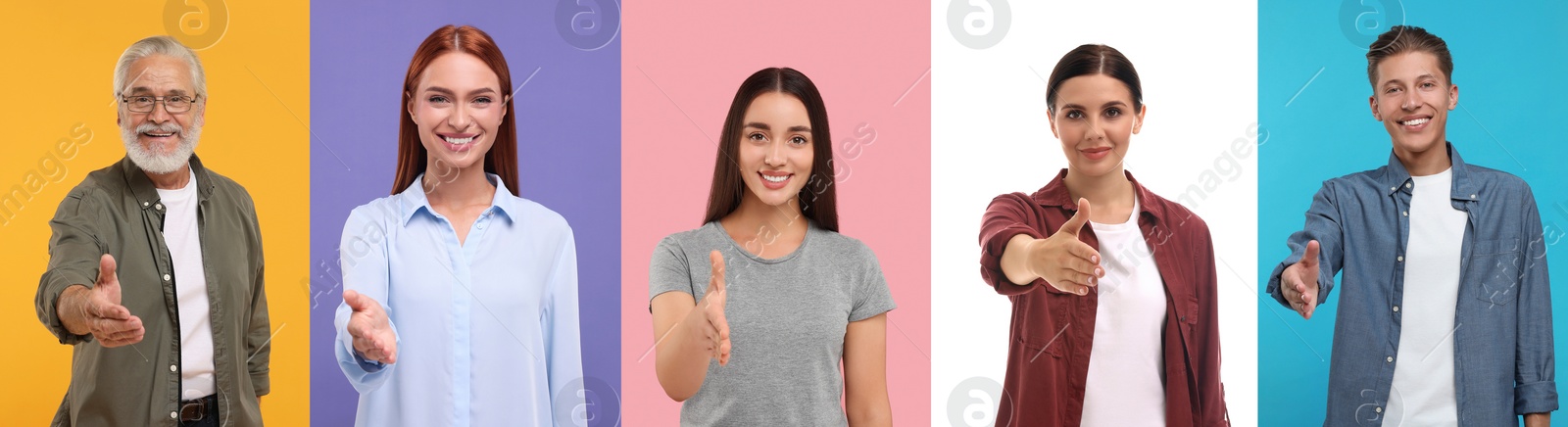 Image of People welcoming on different color backgrounds, collage with photos