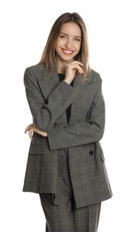 Portrait of beautiful young woman in fashionable suit on white background. Business attire