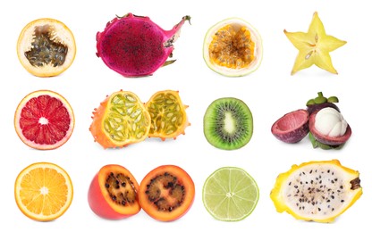 Image of Set with different delicious cut exotic fruits on white background 