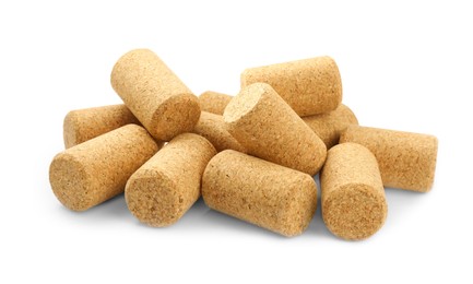 Photo of Pile of wine corks on white background. Bottle cap