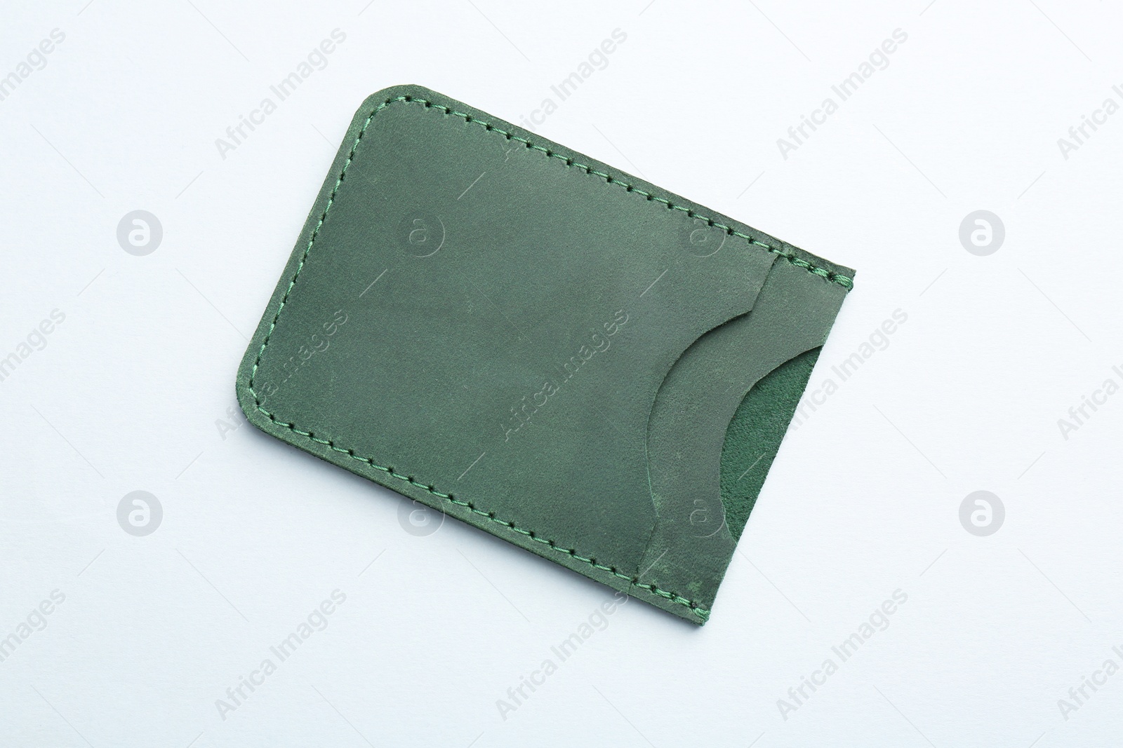 Photo of Empty leather card holder on light grey background, top view