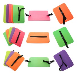 Set with colorful foam tourist seat mats on white background 