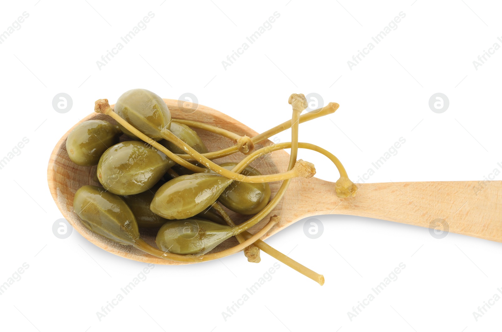 Photo of Wooden spoon with capers on white background, top view