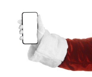 Santa holding modern mobile phone with blank screen on white background, closeup. Space for text