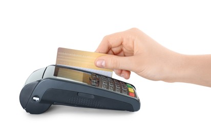 Photo of Woman with credit card using modern payment terminal on white background, closeup