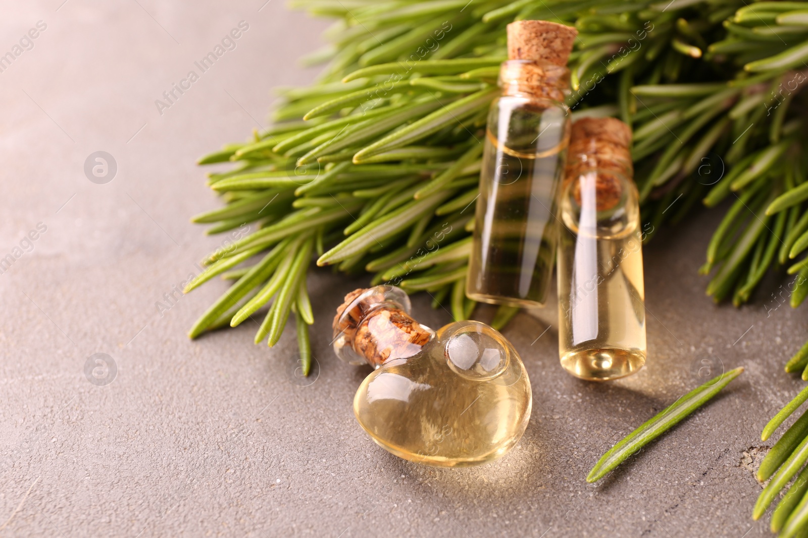 Photo of Essential oil in bottles and rosemary on grey table