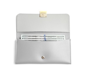 Photo of Stylish light grey leather purse with dollar banknotes on white background, top view