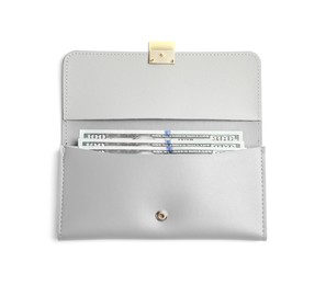 Stylish light grey leather purse with dollar banknotes on white background, top view