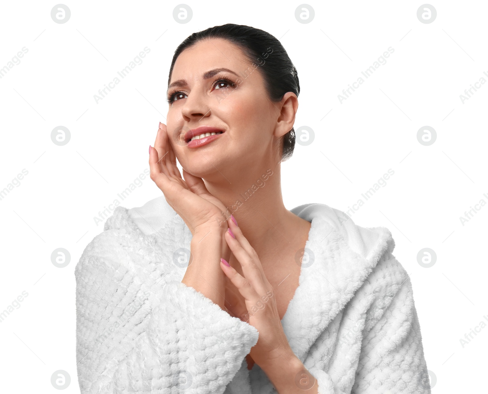 Photo of Beautiful woman with clean skin touching her face on white background