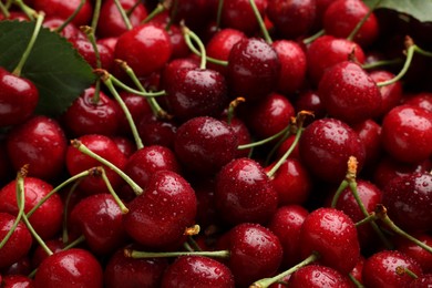 Photo of Many sweet cherries with water drops as background, closeup