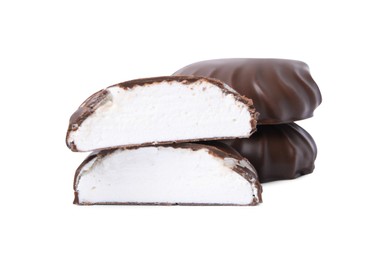 Delicious chocolate covered marshmallows isolated on white