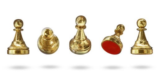 Golden chess pawns in air on white background