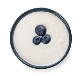 Photo of Bowl of delicious yogurt with blueberries isolated on white, top view