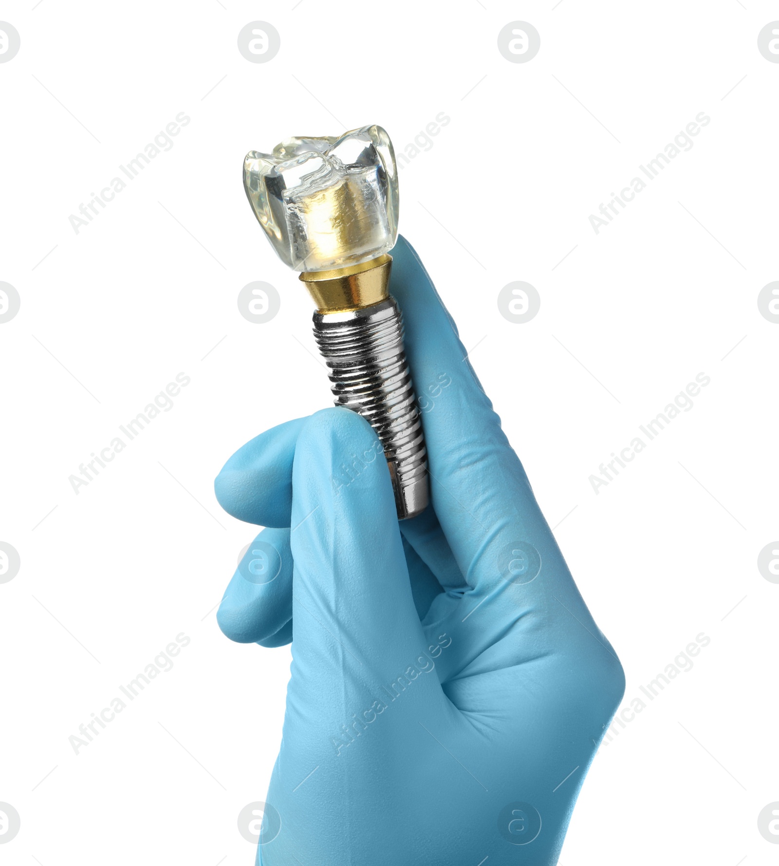 Photo of Dentist holding educational model of dental implant on white background, closeup