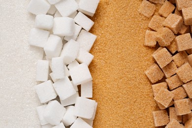 Different types of sugar as background, top view