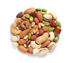 Pile of mixed organic nuts on white background