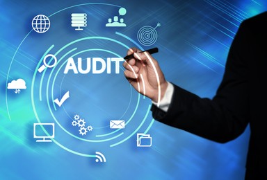 Image of Audit concept. Closeup view of man and different icons on virtual screen