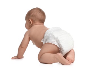 Cute little baby in diaper crawling on white background