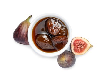 Bowl of tasty sweet jam and fresh figs isolated on white, top view