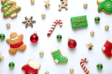 Photo of Flat lay composition with Christmas decorations on white background