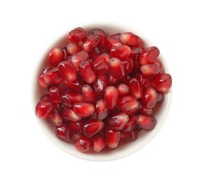 Ripe juicy pomegranate grains in bowl isolated on white, top view