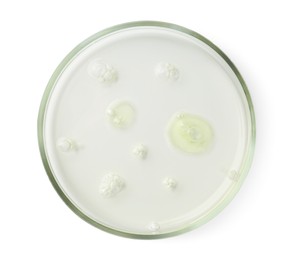 Photo of Petri dish with liquid sample on white background, top view