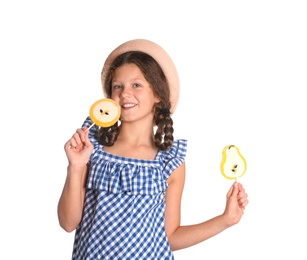 Little girl with candies on white background