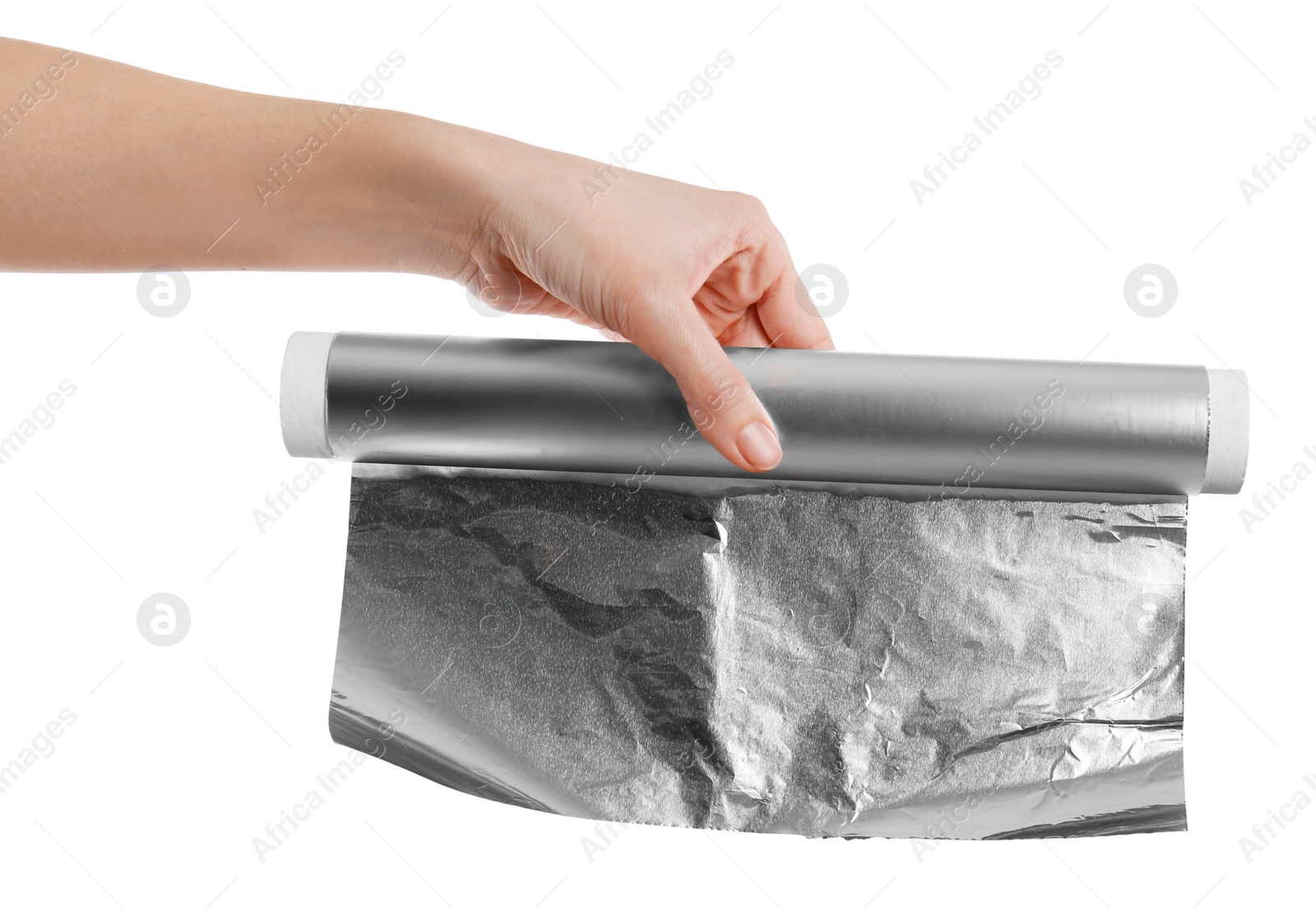 Photo of Woman holding roll of aluminum foil on white background, closeup