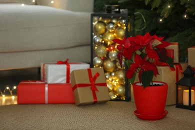 Potted poinsettia, burning candle and gift boxes near tree on floor in room, space for text. Christmas traditional flower