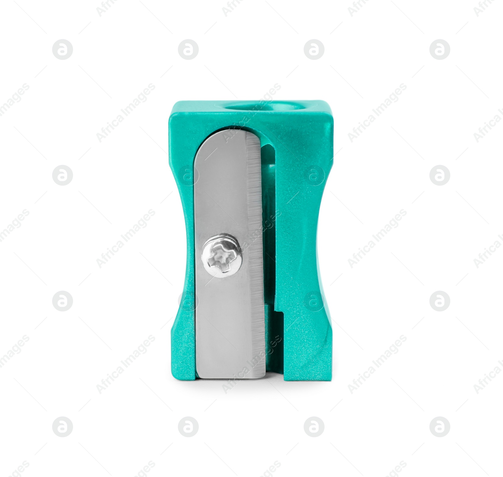 Photo of Plastic turquoise pencil sharpener isolated on white