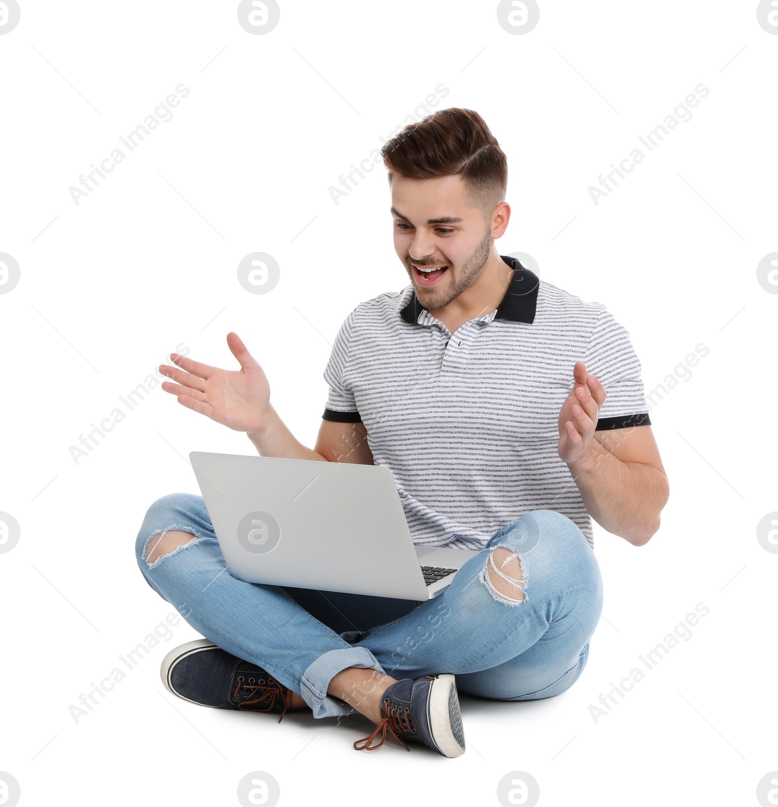 Photo of Happy man with laptop on white background