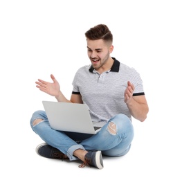 Photo of Happy man with laptop on white background