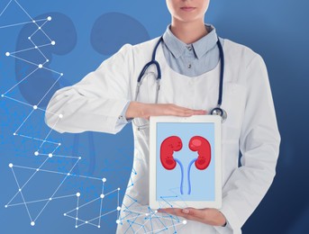 Closeup view of doctor holding modern tablet with illustration of kidneys on blue background