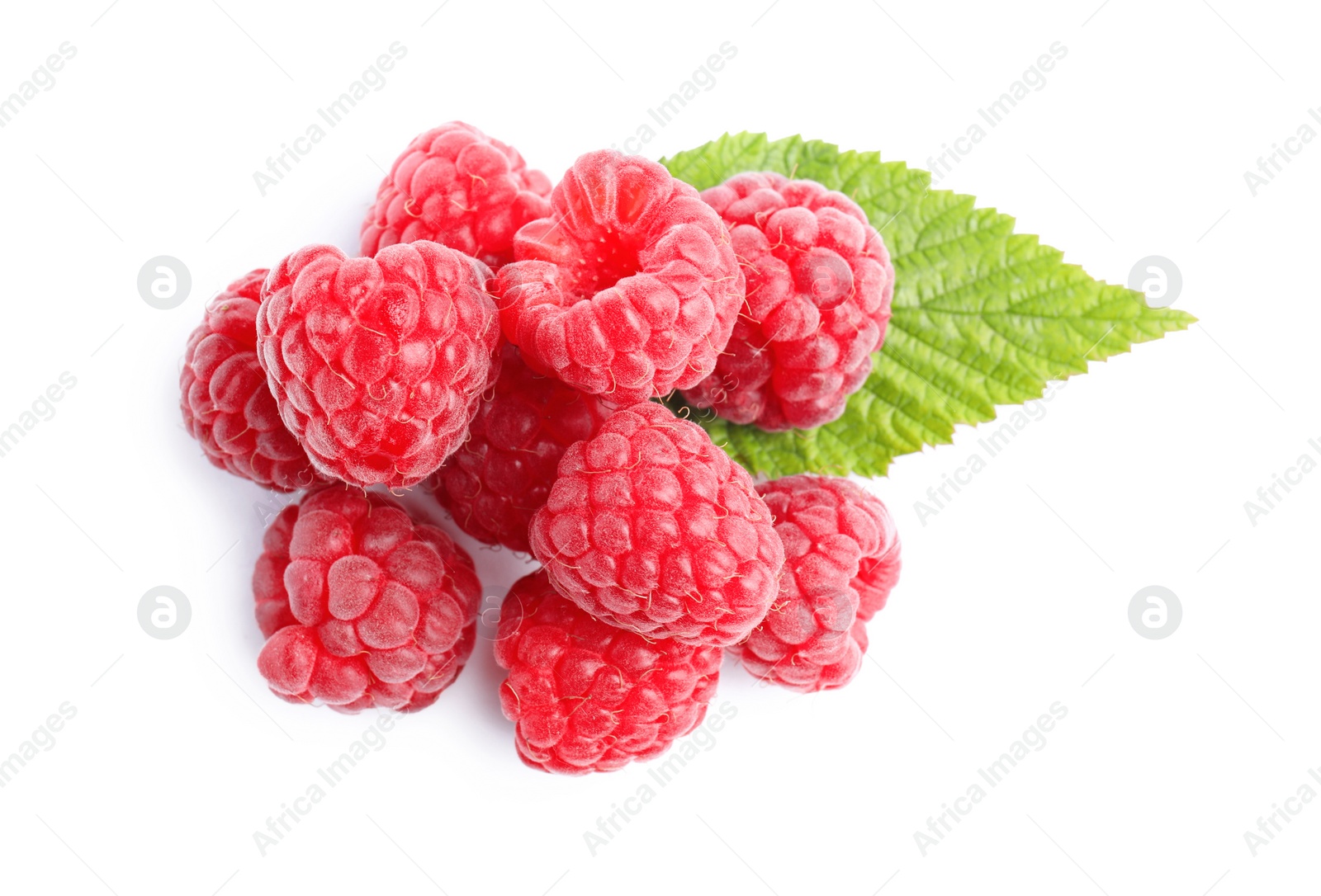 Photo of Fresh ripe raspberries with green leaf on white background, top view