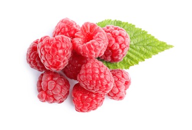 Fresh ripe raspberries with green leaf on white background, top view