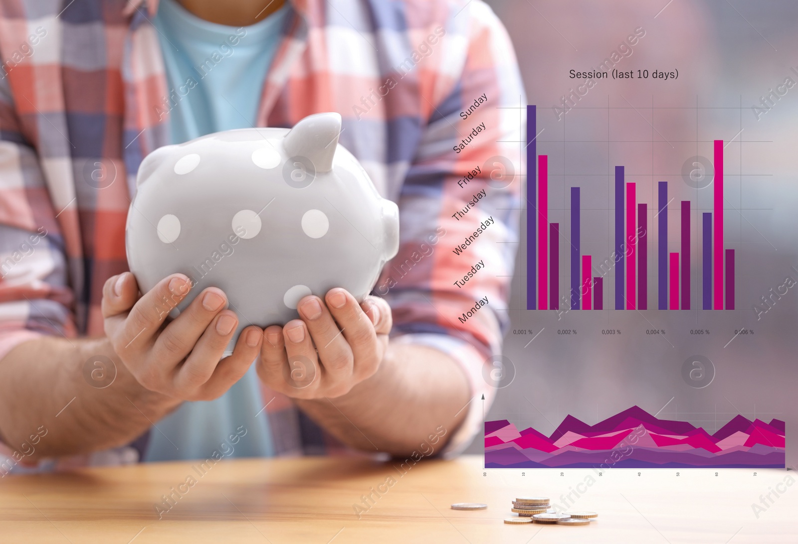 Image of Man with piggy bank and graphs on blurred background, closeup