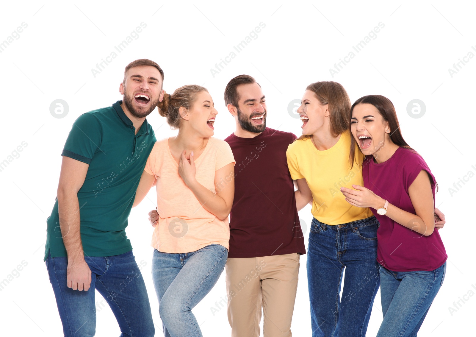 Photo of Portrait of young people laughing on white background