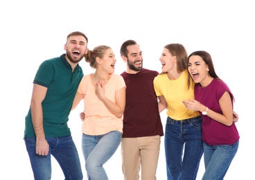 Photo of Portrait of young people laughing on white background