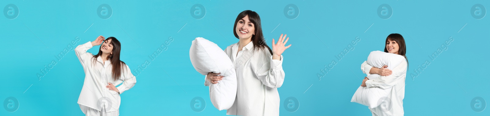 Image of Woman in pajamas with pillow on light blue background, collage of photos