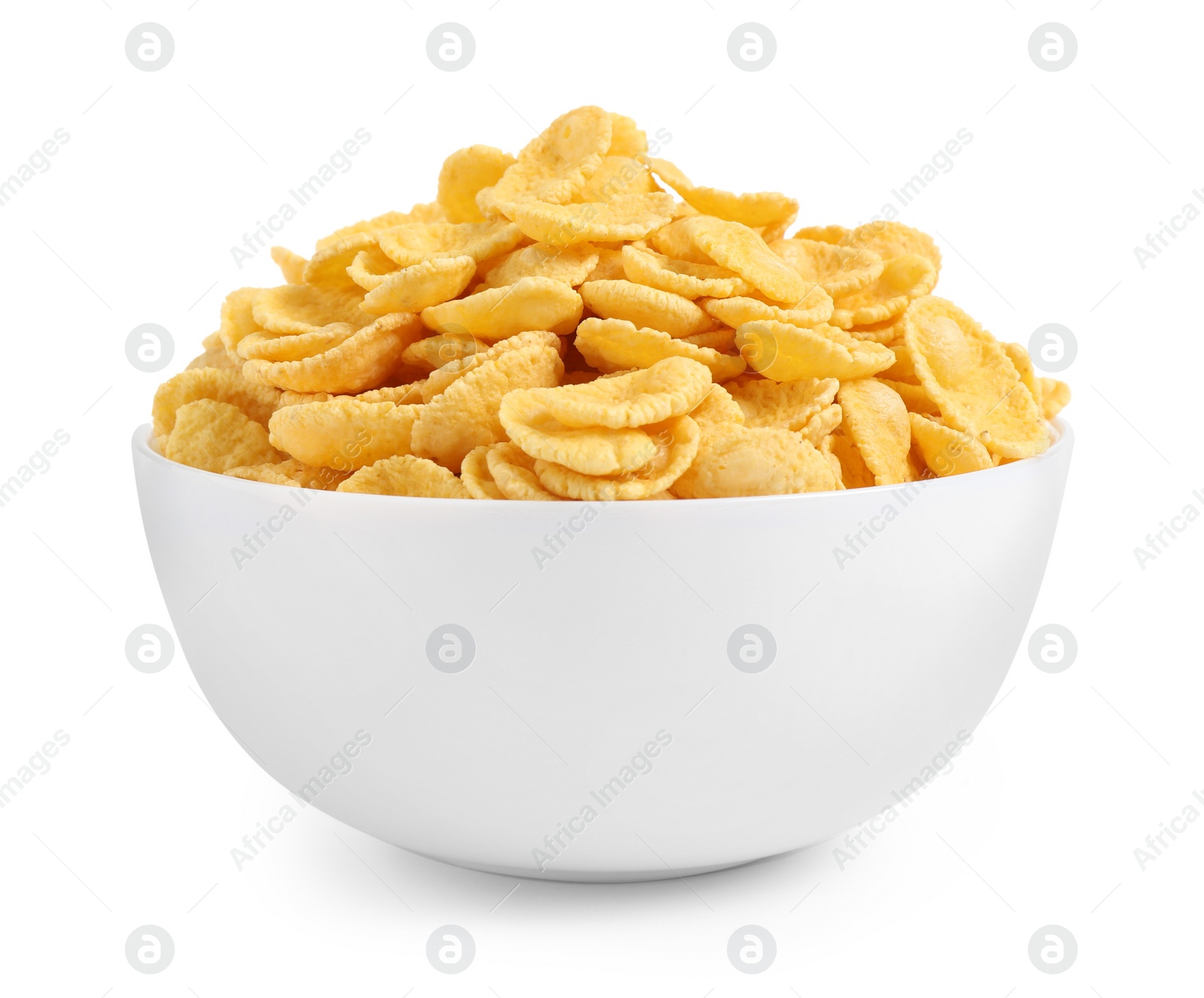 Photo of Bowl of tasty corn flakes isolated on white