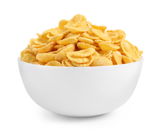Bowl of tasty corn flakes isolated on white