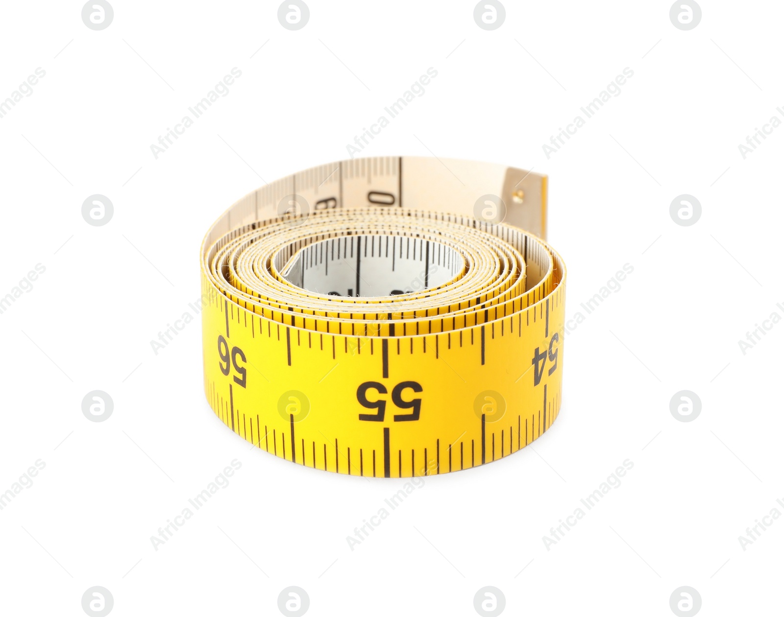 Photo of Rolled yellow measuring tape isolated on white