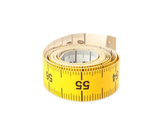 Photo of Rolled yellow measuring tape isolated on white