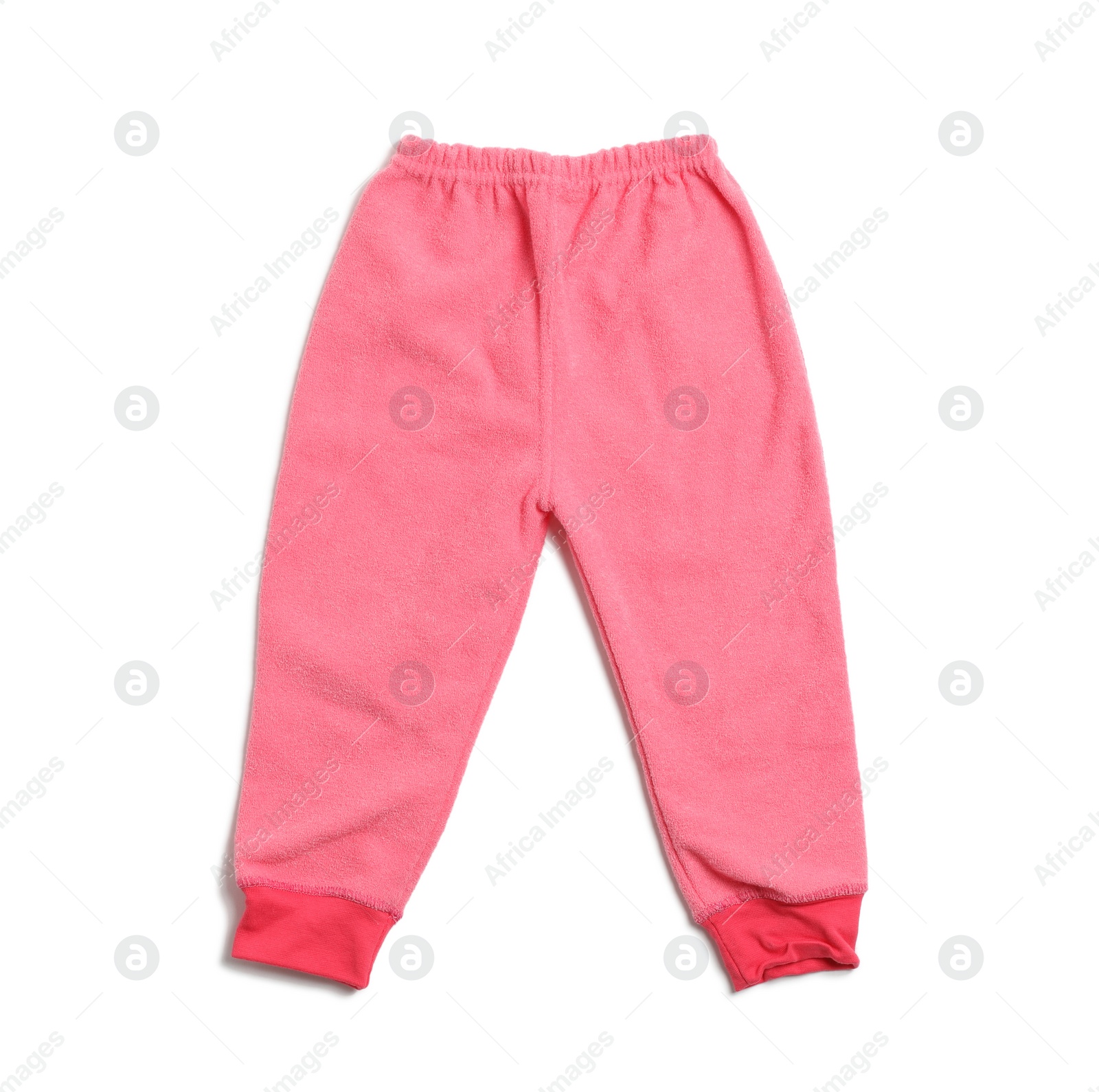 Photo of Cute pink child pants isolated on white, top view