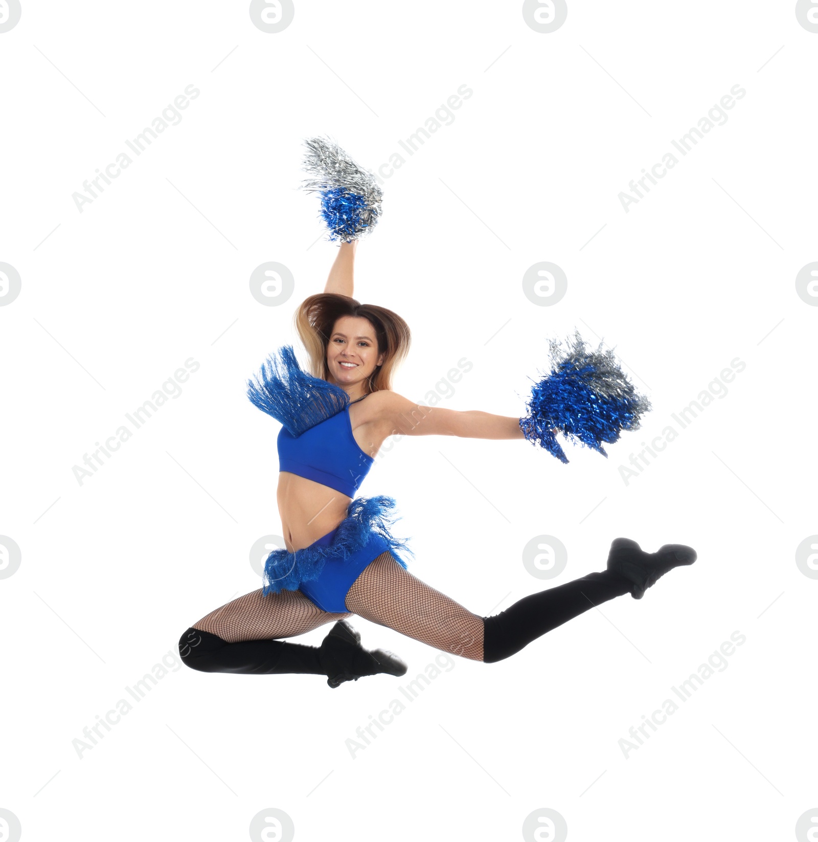 Photo of Beautiful cheerleader in costume holding pom poms on white background