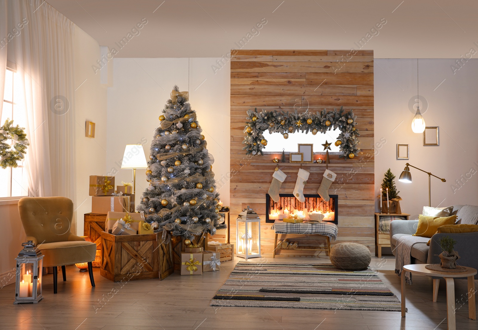 Photo of Beautiful living room interior with decorated Christmas tree and fireplace