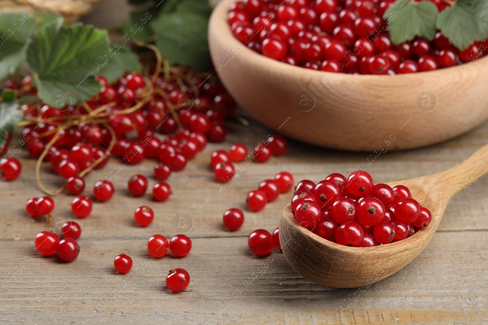 Photo of Ripe red currants and leaves on wooden table