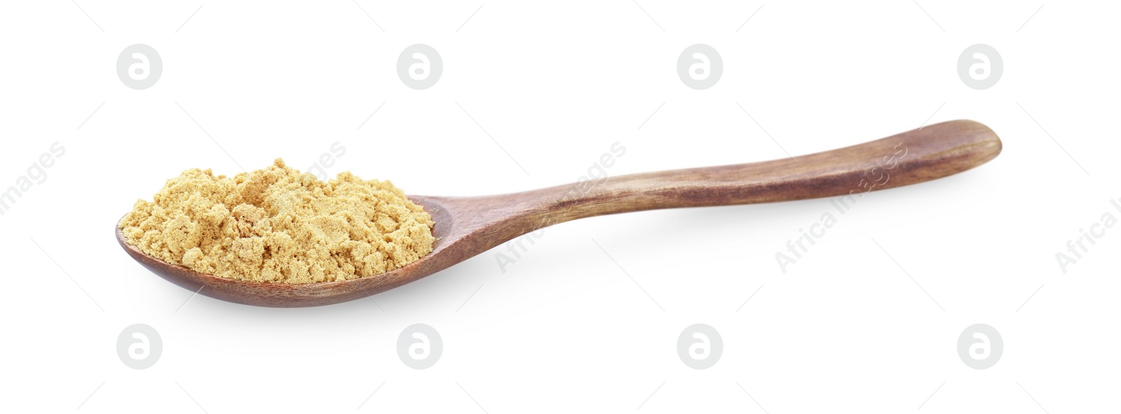 Photo of Wooden spoon with aromatic mustard powder on white background