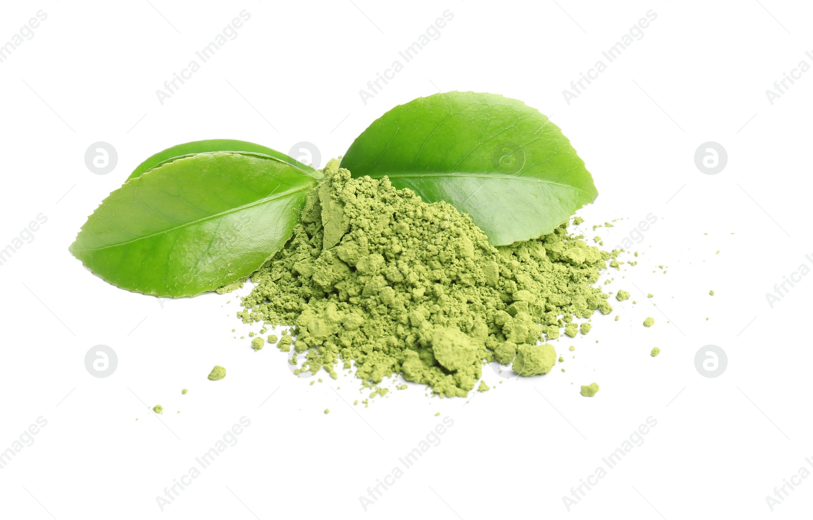 Photo of Powdered matcha tea and green leaves on white background