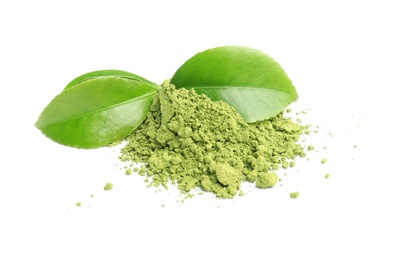 Powdered matcha tea and green leaves on white background
